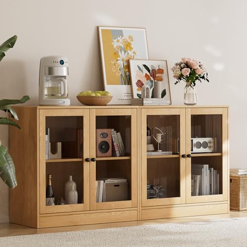 TUSY 71" TV Stand Storage Set - 2 Tall Bookcases & 2 Side Cabinets, Media Console with Glass & Wood Doors, Entertainment Center with Drawers, Tall Media Console for Living Room (Wood, ADDA) - color: Wood