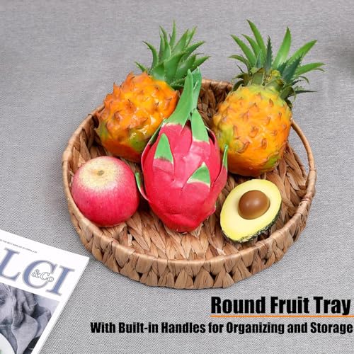 Round Woven Coffee Table Ottoman Tray with Handles - 11.8" x 1.9" Water Hyacinth Wicker Serving Tray, Decorative Storage Basket for Home & Kitchen.