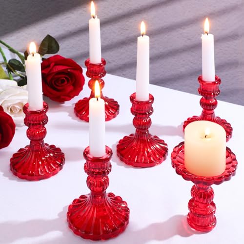Maxcheck Set of 6 Candlestick Holders Taper Glass Candle Holder Decorative Candle Stand for Wedding Party Table Centerpiece Anniversary Festival Home Decor(Red) - color: Red