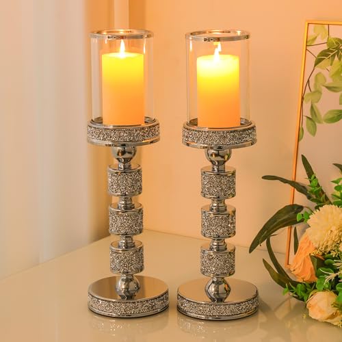 15.9" Tall Pillar Candle Holder with Wind Proof, Metal Hurricane Holders, Crystal Candle Holders for Table Centerpieces, Home Decor, Wedding, Dining Table (2, Silver, Large) - color: Silver, size: Large