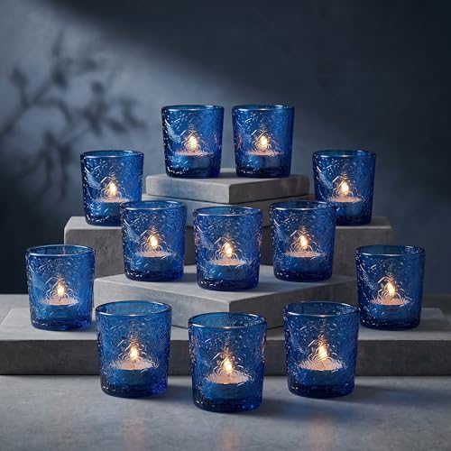 12 Pack Hummingbird Embossed Glass Candle Holders – Votive Tealight Holders with Patent Design, Decorative Embossed Glass Cups for Wedding Centerpieces, Parties, and Home Décor (Ocean Blue) - color: Ocean Blue