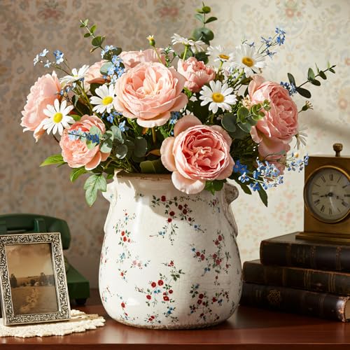 Ceramic Scroll Planter 6.5 Inch Chinoiserie Floral Vase with Drainage Holes Vintage Flower Vase Flower Pot Rustic Ceramic Pots for Indoor Plants Garden Home Bookshelf Decor(Milky) - style: Milky
