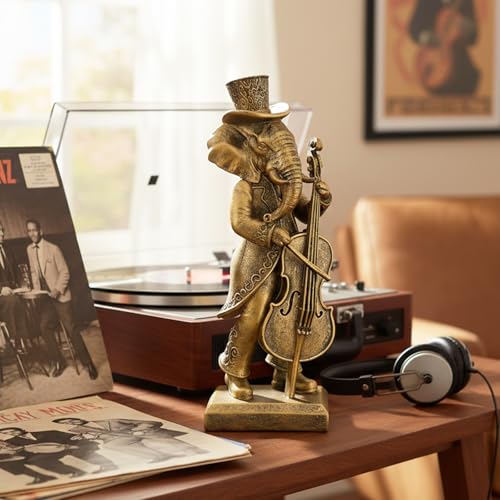 Vintage Animal Statue Sculpture,Gold Resin Music Elephant Figurine with Cello, Retro Office Desk Decor for Home Living Room, Creative Gift for Animal Lovers - color: Music Elephant