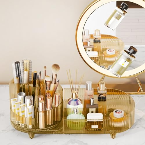 Rotating Makeup Organizer for Vanity with Brush Holder, Cosmetic Makeup Storage Organizer, Large Spinning Makeup Skincare Organizer, Countertop Makeup Perfume, Lotions Display Case (Transparent Gold) - color: Transparent Gold