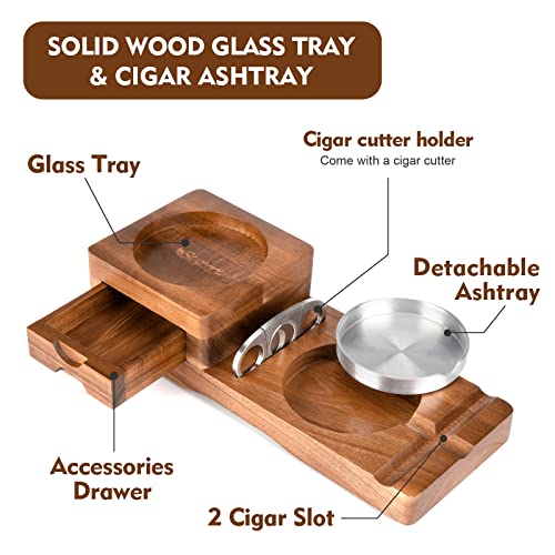 Scotte Ashtray Coaster Whiskey Glass Tray & Wooden Ash Tray with Cigar Cutter,Include Drawer and Cigar Slot Home Office Outdoor Great Cigar Accessories for Men - color: Brown