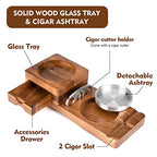 Scotte Ashtray Coaster Whiskey Glass Tray & Wooden Ash Tray with Cigar Cutter,Include Drawer and Cigar Slot Home Office Outdoor Great Cigar Accessories for Men - color: Brown