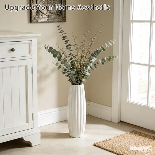 White Ceramic Floor Vase, 17.7" Tall Floor Vase Large Flower Vases Decorative Vases for Pampas Grass Modern Home Decor Living Room Office Bedroom Table Centerpieces Kitchen Wedding Farmhouse Décor - color: Vertical Stripes, size: Height-17.7 Inch