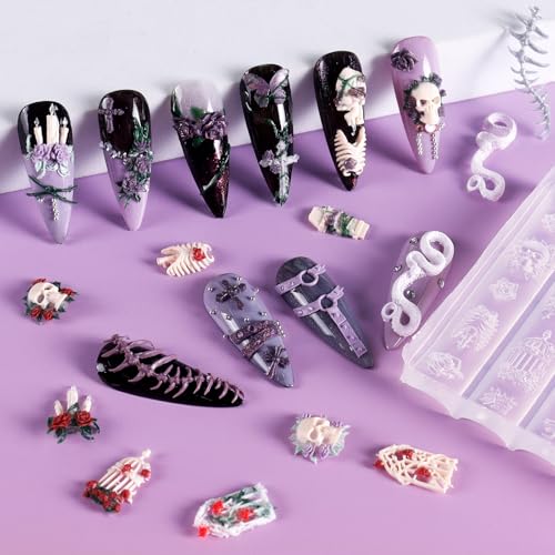 Laza 4pcs Gothic Silicone Nail Art Molds, 3D Rose, Snake, Bones, Cross, Collar, Skull Exquisite Silicone Nail Accessories with Carving Pen Resin Nail Art Mold Manicure Tools for DIY Salon Nail Design - color: Skull rose