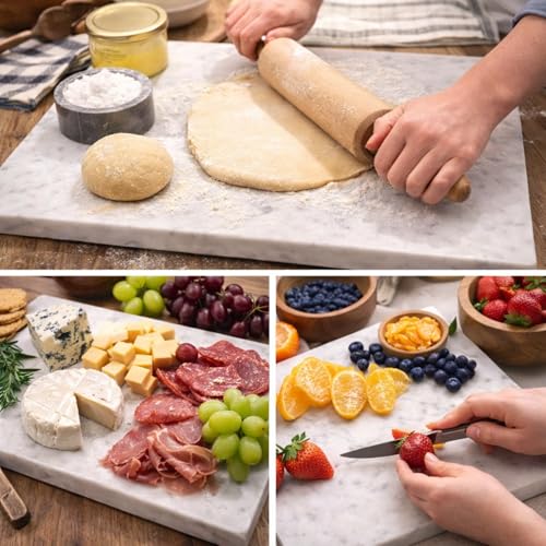 Marble Cheese and Pastry Board 16 x 12 Inch – Natural Carrara White Marble Cutting Board and Serving Tray for Dough, Bread, Pizza, Charcuterie – Heavy, Non-Slip, Gift-Ready. - color: White, size: 16"L x 12"W