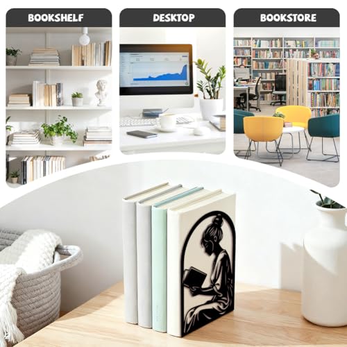 Peacoblue Metal Bookends for Shelves, Modern Decorative Heavy Duty Study Book Ends Stoppers for Office, Desk, Shelf, Room 5.3"x4.3"x7.9" Cast Iron Simple Tall Bookends 1 Pair (Reading Girl) - style: Reading Girl