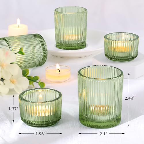 NITIME 20pcs Ribbed Green Votive Candle Holders, Assorted Tea Light Candle Holder Glass for Wedding Table Decor, Green Candle Holders for Table Centerpieces, Brithday and Tea Party Decorations - color: Green