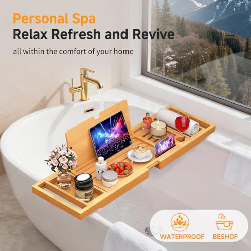 Premium Bamboo Bathtub Caddy Tray with Extending Sides, Adjustable Wood Bath Tray for Luxury Bath, Fits Most Tubs, Accessories Gift Idea - color: Beige 2