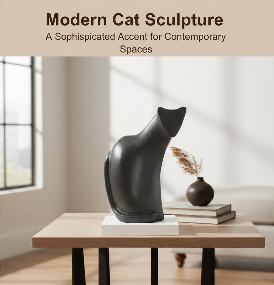 Young's Inc Modern Black Cat Resin Figurine Sculpture, Minimalist Cat Statue Home Decor, Abstract Cat Tabletop Accent for Living Room Shelf Desk Mantel, Contemporary Animal Art Decor, 10 Inch - style: Modern Black Cat