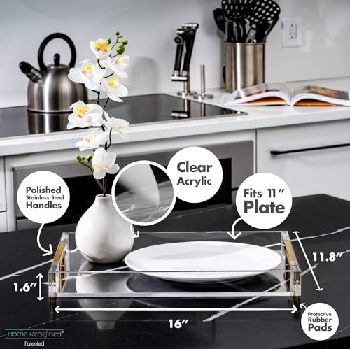Modern 16"x12" Rectangle Acrylic Lucite Plastic Decorative Serving Tray with Gold Polished Stainless Steel Metal Handles Home Decor Ottoman Coffee Table Makeup Perfume Display Vanity By Home Redefined - color: Clear/Gold