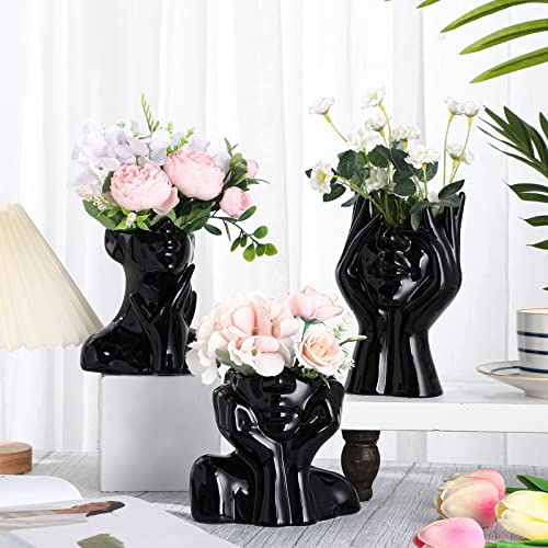 Sieral 3 Pcs Ceramic Face Vase Female Form Flower Modern Body Vase for Decor with Head Half Body Bust Centerpiece for Table Shelf Home Bedroom Room Office(Small,Black) - color: Black, size: Small