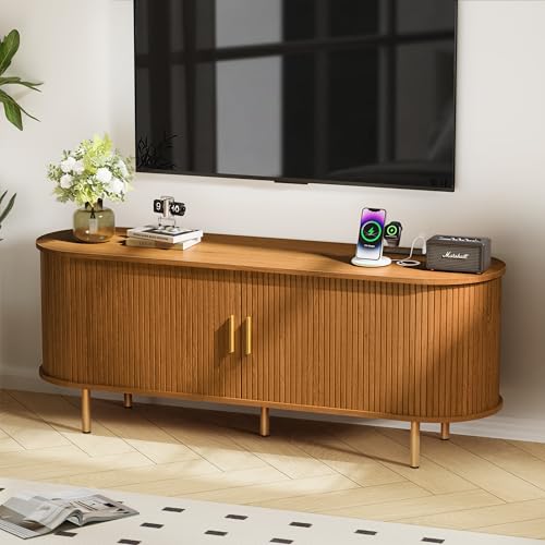 DHH 55 Inch Mid Century Modern TV Stand with Power Outlet for TVs up to 60 Inch, Entertainment Center with Storage and Adjustable Shelves, Media Console with Sliding Doors for Living Room(Yellow) - color: Yellow Walnut, size: 55 Inch