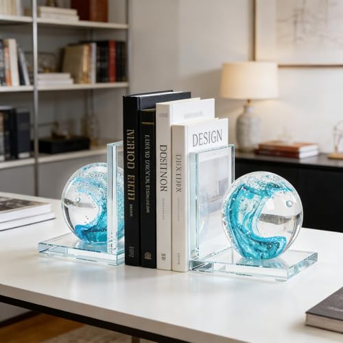 Decorative Bookends for Shelves, Hand Blown Ocean Crystal Ball Unique Bookends for Heavy Books, Office Desk Decor, Ideal for Ocean Lovers (Lake Blue) - color: Lake Blue
