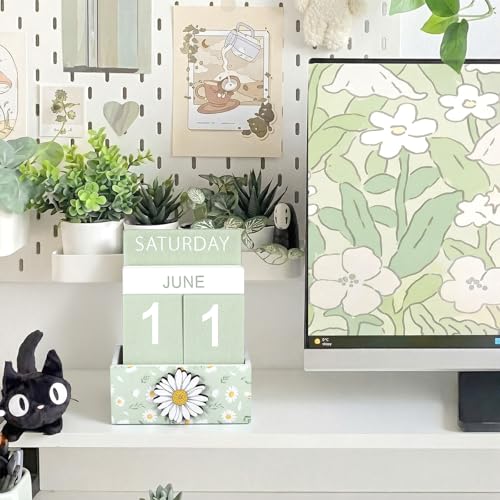 AceOrbit Green Daisy Flower Wood Block Perpetual Calendar Coquettish Desk Decor Cute Month Week Date Display Decorative Block Calendar for Women Office Home Desk Gift for Women - style: Green Daisy