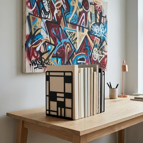 Metal Bookends for Shelves, Black Abstract Art Design Book Ends for Heavy Books, 1 Pair, 6.42x4.72x3.94 Inch, Anti-Slip Heavy Duty Book Dividers