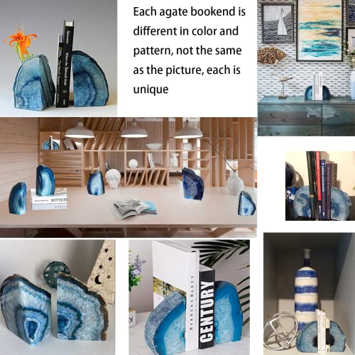 JIC Gem Blue Agate Bookends Geode Book Ends for Shelves Decorative Crystal Bookends Heavy Duty Bookend Bookshelf Decor with Rubber Bumpers(1 Pair, 3-4 LBS) - color: Blue Dyed, size: 3-4LBS.
