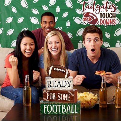 Yuntau 4pcs Football Christmas Table Decoration Happy Football Wooden Block Sign Rugby Tiered Tray Decor Centerpiece Decorative Faux Book Stack for Holiday Tabletop Fireplace Shelf Desk Party Decor - style: Classic Football