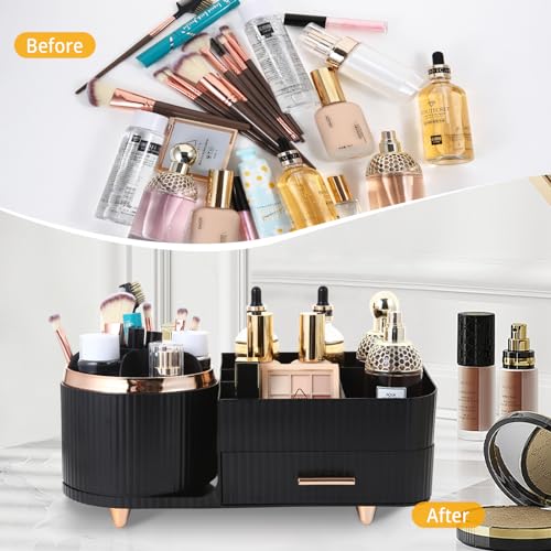 Makeup Organizer Countertop with Drawer 360 Rotating Brush Holder Storage Large Capacity Skincare Cosmetic Display Cases for Vanity Bathroom Desktop, Model 3016 Black - color: Black