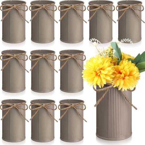 Rustic Vase for Table Centerpieces 4.33 Inch Small Petite Flower Vase with Twine Bow Vintage Farmhouse Decor for Wedding Reception Dining, Home Galvanized Metal Buckets(Brown,12 Pcs) - color: Brown