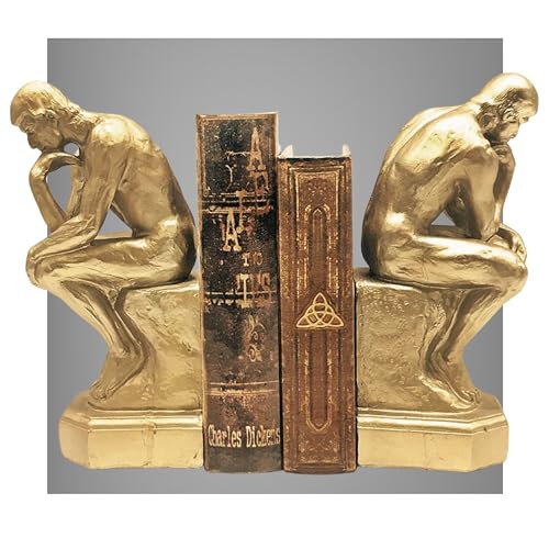 Bellaa 25594 Rodin Thinker Bookends Set of 2-9 Inch Golden Polyresin Auguste Statue Book Ends Heavy Duty Non-Skid