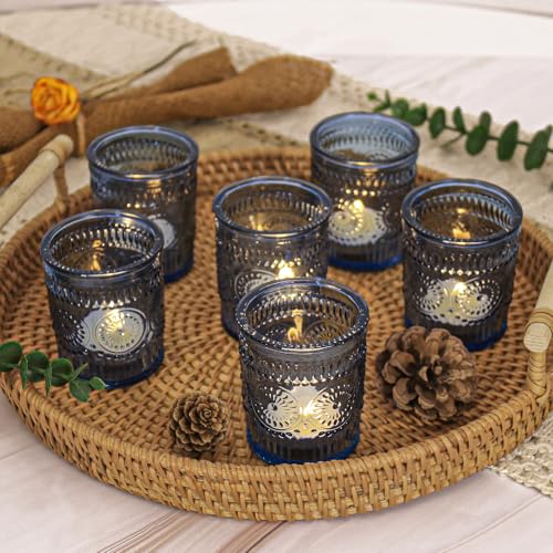 24 Pcs Blue Glass Votive Candle Holders, Tealight Candle Holders for Table Centerpieces, Vintage Candle Holder Bulk, Boho Wedding, Home, Bridal Shower, Birthday Party Table Decor (Blue) - color: Blue