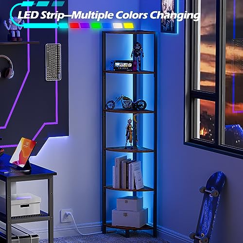 Furnulem 6 Tier Corner Shelf with LED Light, 67.5” Tall Standing Shelf Organizer, Narrow Bookshelf with Storage Rack for Wall Corner, Living Room, Bedroom, Metal Frame, Wood Display Shelf - color: Rustic Brown