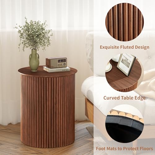 AVZEAR Small Round Side Table Fluted Night Stand Set of 2, 17.7" Mid Century Modern End Table, Circle Bedside Tables Wood Nightstands for Small Spaces, Living Room, Bedroom (Rustic Walnut) - color: Walnut, size: 17.7"D x 17.7"W x 21.6"H