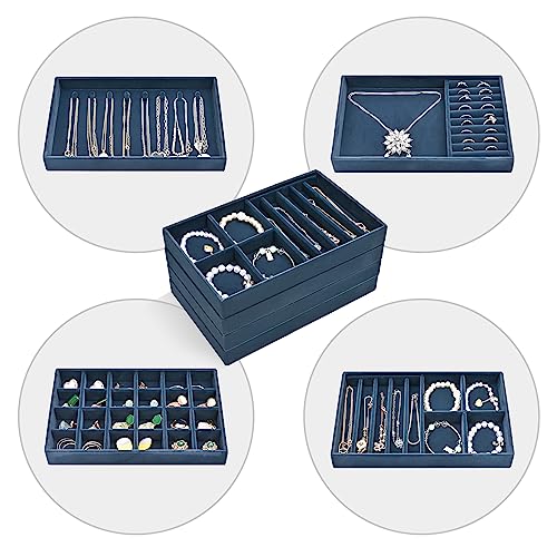 ProCase Stackable Jewelry Organizer Trays for Drawers, Jewelry Drawer Inserts Container Display Case Storage for Earring Necklace Rings Bracelet with Removable Dividers -Darkblue, 4 Layers - color: Darkblue, size: 4 Layers
