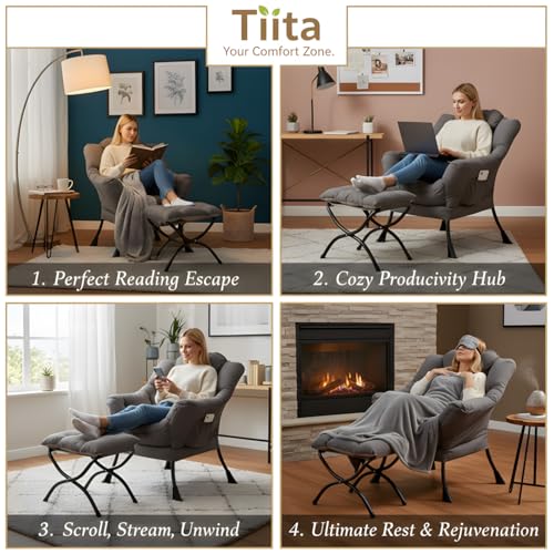 Tiita Lazy Chair with Ottoman, Modern Large Accent Lounge Chair, Leisure Sofa Armchair with Ottoman, Reading Chair with Footrest for Bedroom, Living Room, Dorm Rooms, Garden Dark Grey - color: Dark Grey