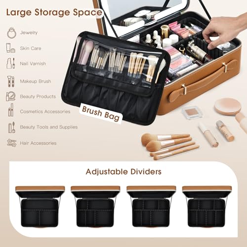 Faquenc Leather Makeup Case with LED Lighted Mirror 11.4 Inch Travel Makeup Bag Adjustable Brightness in 3 Colors Cosmetic Organizer Artist Storage Bag with Dividers Brush Holder Bag Vanity Brown - color: Brown 11.4 Inch, size: 2-Medium