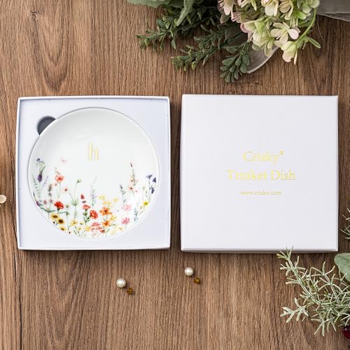 Crisky Initial Jewelry Tray Ring Dish & Gift Box, Ceramic Flower Trinket Dish for Rings Earrings Necklaces Keys, Bridal Shower Engagement Birthday Gift for Women, Friends 4.57" (Gold Foil H - style: Initial H