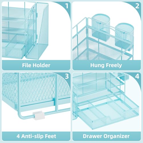 Marbrasse Desk Organizer and Accessories，4-Tier Paper Letter Tray Organizer with File Holder, Desk Accessories & Workspace Organizers with Drawer and 2 Pen Holder (Blue, 15.4" x 9.1" x 8.3") - color: Blue