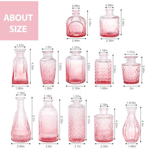 12 Pack Pink Glass Bud Vase Set, Small Vintage Vases for Centerpieces, Decorative Flower Vases for Wedding Home Table Decor - color: Pink, size: 12pcs
