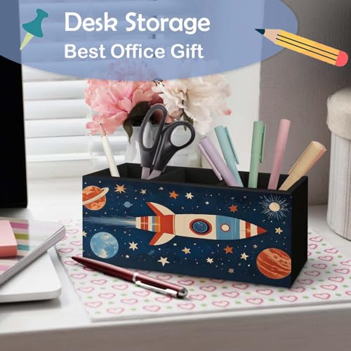 SNNDER Outer Space Pen Holder for Desk, Cosmic Rocket Planet Celestial Wooden Box Sign Desk Decor for Kids Room Home Classroom Decoration, Blue Galaxy Pencil Organizer, Space Decor for Boys Room - color: rocket