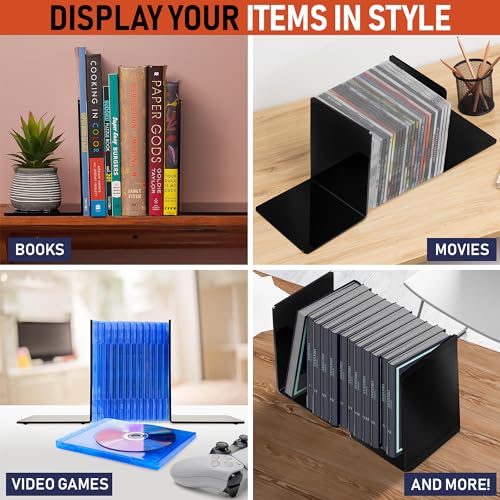 Acrylic Bookends, 2 Pairs of Black Invisible Ends for Shelves, 4mm Heavy-Duty Non-Skid Holders for DVDs, CDs, Video Games, and Books. Stoppers for Home, Office, or Library Organization (Black) - color: Black
