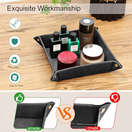 SITHON Valet Tray Desktop Storage Organizer – Premium PU Leather Catchall Bedside Vanity Tray Nightstand Caddy Holder for Keys, Phone, Wallet, Coin, Jewelry, Valentine's Day Gift, Black - color: Black