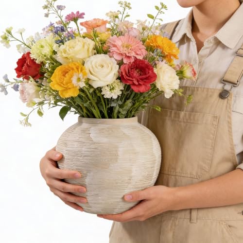 Large Rustic Farmhouse Vase - 8.8 in Ceramic Boho Decorative Vase for Home Decor, Round Clay Whitewashed Terracotta Bowl vase for Living Room, Table, Shelf, Centerpieces - style: 02 - Large Rustic Ribbed Whitewash