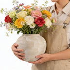 Large Rustic Farmhouse Vase - 8.8 in Ceramic Boho Decorative Vase for Home Decor, Round Clay Whitewashed Terracotta Bowl vase for Living Room, Table, Shelf, Centerpieces - style: 02 - Large Rustic Ribbed Whitewash