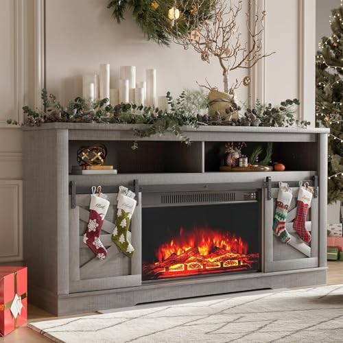 YESHOMY Fireplace TV Stand for Television up to 65+ Inch with Storage and Farmhouse Sliding Barn Doors, Entertainment Center with Cabinet and Shelves, Media Console for Living Room,Gray - color: Grey, style: Sliding Barn Doors Fireplace TV Stand