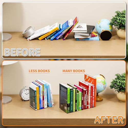 SUOXING 6 PCS Clear Acrylic Book Ends for Shelves Decorative,Invisible Book Stopper with Non-Slip Mats for Heavy Books,Small Acrylic Bookends for Home Office School Supplies and Kids Bookshelf