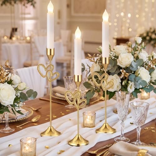 Ceenna 3 Pcs Gold Heart Candle Holders, 3 Size Taper Candle Holder Heart Shaped Candlestick Holders Brass Vintage Modern Centerpiece Decor for Wedding Valentine's Day Table Housewarming Gift - style: Loving Heart