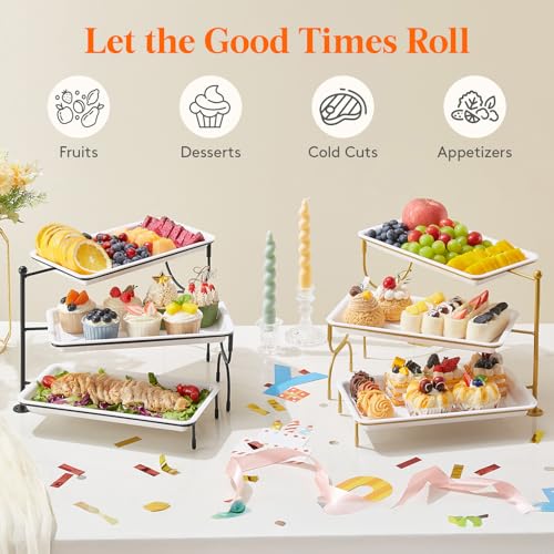 Lifewit 3 Tier Serving Tray, 30 x 17 cm/12 x 6.5" White Plastic Tiered Food Serving Platters, Rotating Tiered Tray Stand for Party with Black Collapsible Metal Stand, Dessert Table Stands for Cookies - size: 12" x 6.5", style: Rotatable