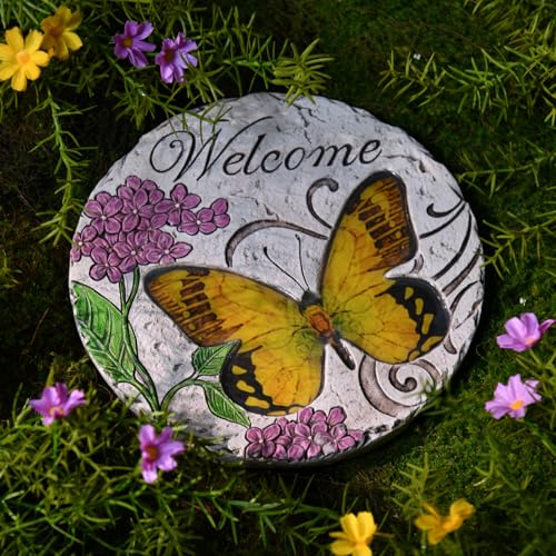 Garden Décor Stepping Stones Outdoor - Resin Butterfly Decorative Stone Bright Color Memories Pavers Outdoor for Garden Yard 9.5 * 9.5 * 0.5 Inch LC Lcdecohome - color: Yellow2