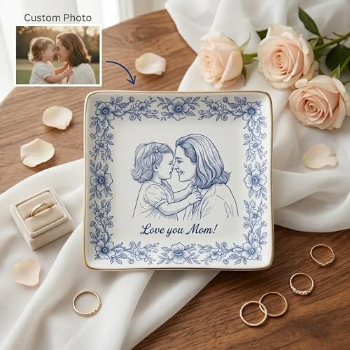 Personalized Heart Jewelry Dish Custom Mom Daughter Sketch Ring Tray Hand-Drawn Floral Ceramic Trinket Bowl Mother's Day Keepsake Unique Birthday Present for Nana Grandma Engraved Vanity Organizer - color: Design 02