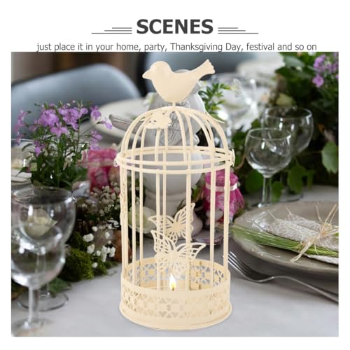 PRETYZOOM Large Wrought Iron Bird Cage Candle Holder 3.94 Inch Metal Tealight Holder Vintage Rustic Pillar Candlestick for Home Decor Romantic Ambiance - color: White