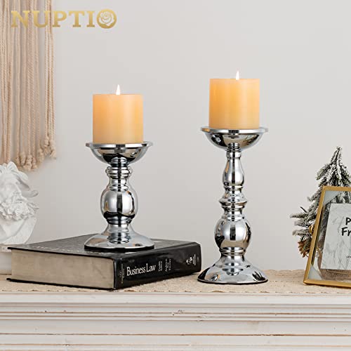 Nuptio Pillar Candle Holders Metal Candle Holder Ideal for 3 inches Candles, Silver Candle Holder for Living Room, Gardens, Spa, Aromatherapy, Incense Cones, Wedding, Party, 2 Pcs - color: Silver, size: S + L